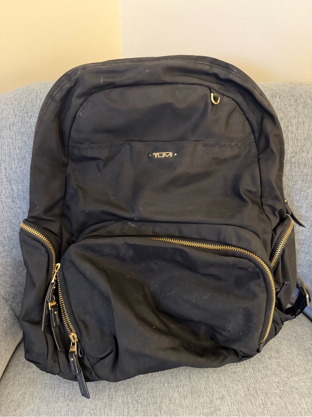 Tumi Black Nylon Backpack with Gold Accents